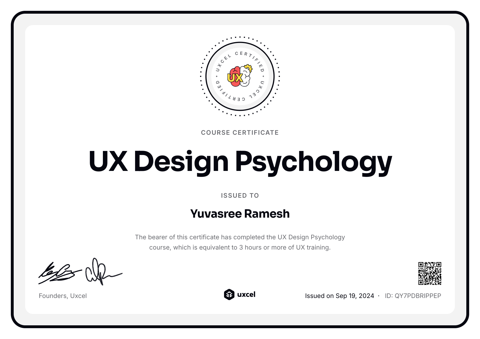 Yuvasree Ramesh's certificate